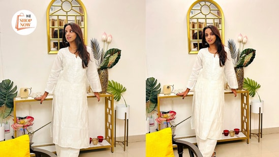 I styled my white chikankari kurta and farshi salwar with silver jewellery and smoky eyes for a Durga Puja pandal