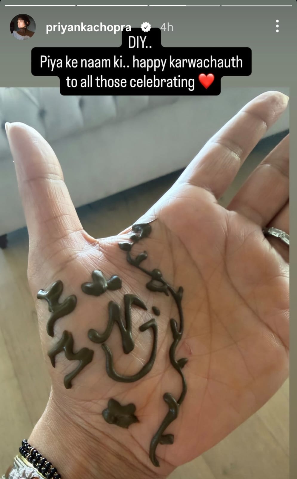 Priyanka applies her Karwa Chauth mehendi on her own. Priyanka applies her Karwa Chauth mehendi on her own.