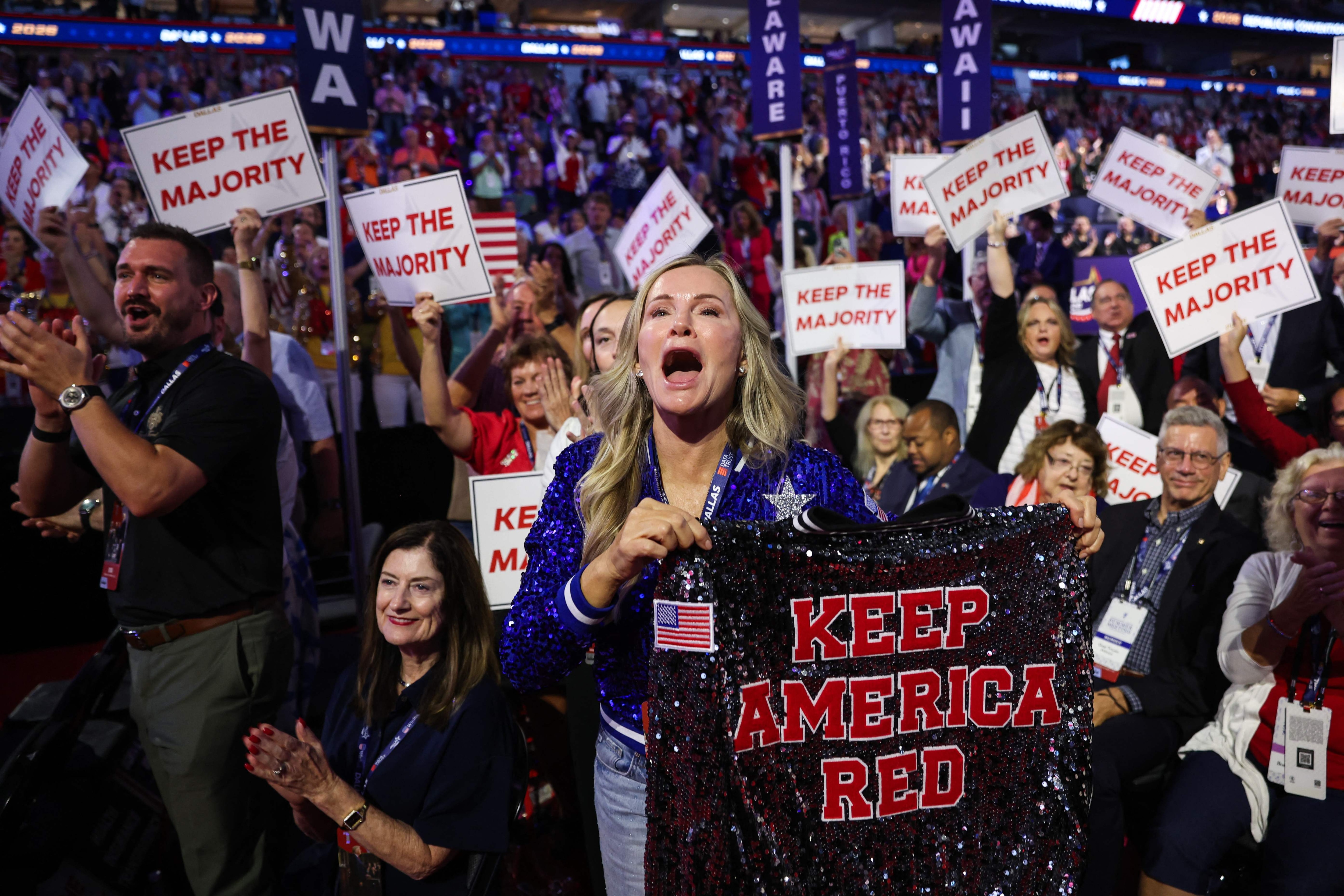 The crowd cheers during speeches on the first day of the Republican National Midterm Convention at the American Airlines Center in Dallas, Texas on September 9, 2026. (AFP)