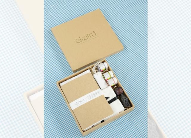 Ekatra created a DIY block printing kit that allows recipients to print designs and frame them. Ekatra created a DIY block printing kit that allows recipients to print designs and frame them.