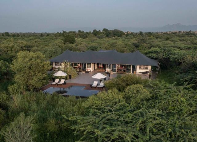 The Sujan Jawai Camp has tents and a swimming pool, with a safari jeep on standby. The Sujan Jawai Camp has tents and a swimming pool, with a safari jeep on standby.