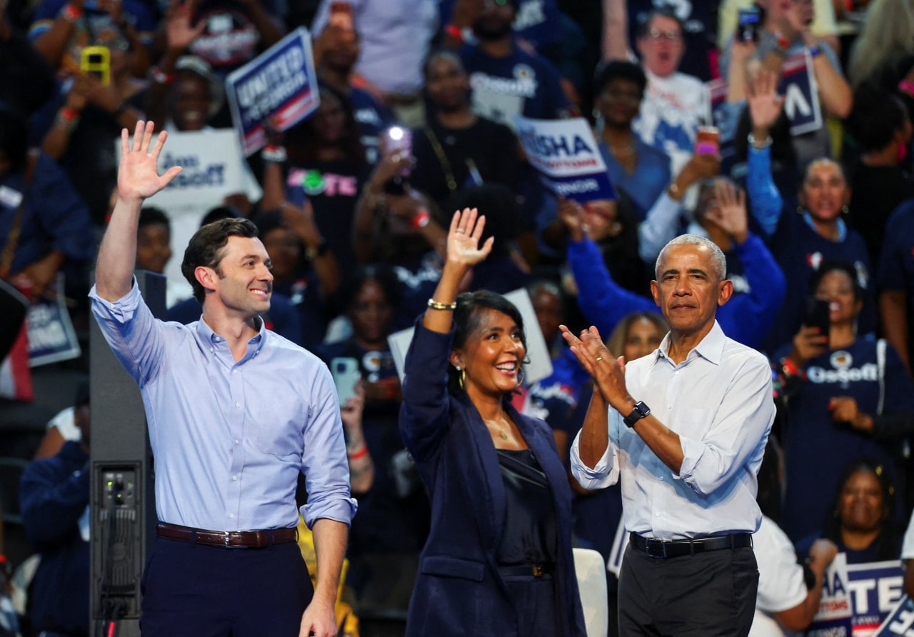 Democratic Sen. Jon Ossoff, Bottoms and former President Barack Obama at a rally in Morrow, Ga.