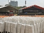 Preparations underway ahead of the INDIA bloc rally (Nov 1) at Ramlila Maidan in New Delhi.