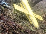 View of a crashed civil helicopter operated by Trans Bharat Aviation in the Hathi Parvat area while flying from Shri Badrinath Dham to the Sahastradhara helipad in Dehradun, in Chamoli on Friday.

