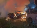  A car on fire at the residence of Narinder Singh Randhawa in Surrey late on Wednesday night.