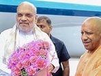 Uttar Pradesh Chief Minister Yogi Adityanath receives Union Home Minister Amit Shah at Chaudhary Charan Singh International Airport, in Lucknow on Friday. (@myogiadityanath X)