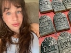 Justina Rucinski, an Iowa baker, has come under fire for Halloween tombstone cookies with 'DJT' written on them,(Facebook/Justina Rucinski, Instagram/sweetemsbyjustina)
