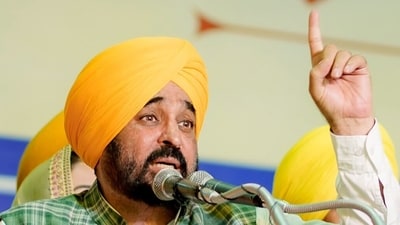 Punjab Chief Minister Bhagwant Mann speaks during a state-level event on the occasion of Maharishi Valmiki Jayanti, in Amritsar on Monday. (@BhagwantMann X)