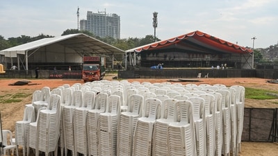 Preparations underway ahead of the INDIA bloc rally (Nov 1) at Ramlila Maidan in New Delhi. (ANI) Preparations underway ahead of the INDIA bloc rally (Nov 1) at Ramlila Maidan in New Delhi. (ANI)