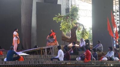 Artistes rehearsing for the adaptation of Bankim Chandra Chattopadhyay’s Anandamath. Artistes rehearsing for the adaptation of Bankim Chandra Chattopadhyay’s Anandamath.