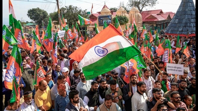 BJP workers during the launch of padyatra in Dharamshala on Friday. (PTI)