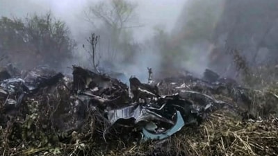 Wreckage and smoke seen at the site where a private helicopter operated by Trans Bharat Aviation crashed into a hillside near Chai village in the Joshimath area of Chamoli district, Uttarakhand, Friday, Oct. 30, 2026. (PTI) Wreckage and smoke seen at the site where a private helicopter operated by Trans Bharat Aviation crashed into a hillside near Chai village in the Joshimath area of Chamoli district, Uttarakhand, Friday, Oct. 30, 2026. (PTI)