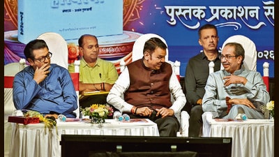 Devendra Fadnavis attended an event with Shiv Sena (UBT) chief Uddhav Thackeray and Maharashtra Navnirman Sena (MNS) chief Raj Thackeray in Mumbai on Thursday. (FILE) Devendra Fadnavis attended an event with Shiv Sena (UBT) chief Uddhav Thackeray and Maharashtra Navnirman Sena (MNS) chief Raj Thackeray in Mumbai on Thursday. (FILE)