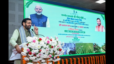 Haryana chief minister Nayab Singh Saini addressing during the Kisan Samman Nidhi programme in Bhiwani on Friday. (ANI Photo) Haryana chief minister Nayab Singh Saini addressing during the Kisan Samman Nidhi programme in Bhiwani on Friday. (ANI Photo)