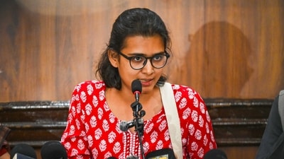 AISA National President Neha Bora address the media during a press conference on the Special Intensive Revision (SIR) issue at the Press Club of India, in New Delhi, India, on Thursday, October 29, 2026. 