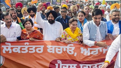 Punjab BJP president Kewal Singh Dhillon leading the party’s ‘Save Democracy, Remove Anarchy’ march in Patiala on Friday. (PTI)