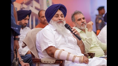 Shiromani Akali Dal president Sukhbir Singh Badal interacting with party workers and supporters during a public meeting in Patiala. (PTI)