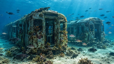 Two retired subway cars now rest on the seabed, where soft coral and game fish have begun to settle. (AI-generated/ChatGPT) Two retired subway cars now rest on the seabed, where soft coral and game fish have begun to settle. (AI-generated/ChatGPT)