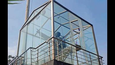 The damaged glass enclosure of Dr BR Ambedkar statue at Jalandhar Bypass in Ludhiana on Friday. (HT) The damaged glass enclosure of Dr BR Ambedkar statue at Jalandhar Bypass in Ludhiana on Friday. (HT)