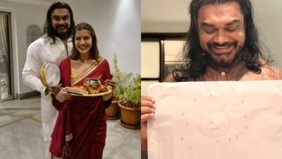 Nicholai Sachdev shows off the moon he drew for wife Varalaxmi Sarathkumar. Nicholai Sachdev shows off the moon he drew for wife Varalaxmi Sarathkumar.