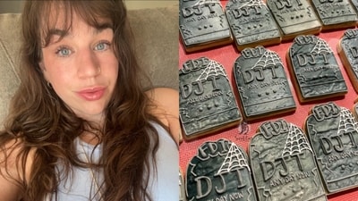 Justina Rucinski, an Iowa baker, has come under fire for Halloween tombstone cookies with 'DJT' written on them, (Facebook/Justina Rucinski, Instagram/sweetemsbyjustina) Justina Rucinski, an Iowa baker, has come under fire for Halloween tombstone cookies with 'DJT' written on them, (Facebook/Justina Rucinski, Instagram/sweetemsbyjustina)