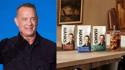 Tom Hanks launched his coffee line in November 2022, with net profits going to groups that support veterans and their families. (Wikimedia Commons and @hanks/Instagram)