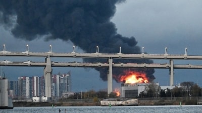 An air attack Oct. 18 on the oil terminal in St. Petersburg, Russia.