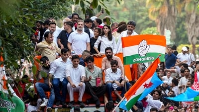 Karnataka Chief Minister DK Shivakumar, Congress leaders Rahul Gandhi, Imran Pratapgarhi and Deepender Singh Hooda, RJD leader Tejashwi Yadav, and other INDIA bloc leaders proceed in a bus towards the Supreme Court on Monday. (PTI) Karnataka Chief Minister DK Shivakumar, Congress leaders Rahul Gandhi, Imran Pratapgarhi and Deepender Singh Hooda, RJD leader Tejashwi Yadav, and other INDIA bloc leaders proceed in a bus towards the Supreme Court on Monday. (PTI)