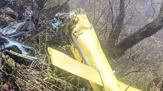 View of a crashed civil helicopter operated by Trans Bharat Aviation in the Hathi Parvat area while flying from Shri Badrinath Dham to the Sahastradhara helipad in Dehradun, in Chamoli on Friday. (ANI Photo)