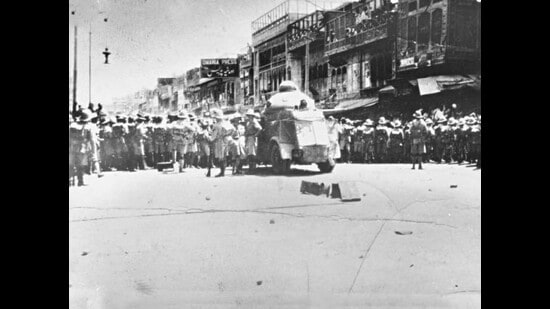 British colonial troops at Qissa Khwani Bazaar in Peshawar on April 23, 1930. The mass shooting of unarmed civilians became a defining moment of the independence movement. (Wikimedia Commons)