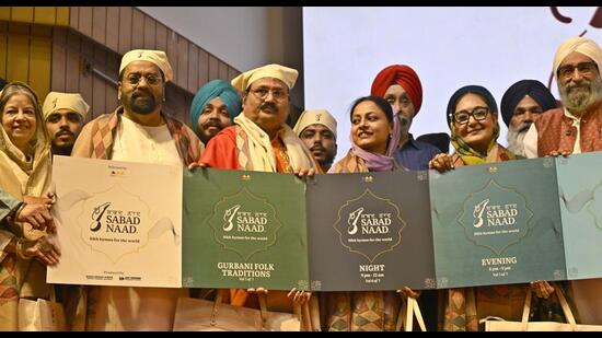 Indian classical vocalists among others during the launch of seven-volume project featuring 141 original ‘Sabads’, in Ludhiana on Friday. (HGurpreet Singh/HT)