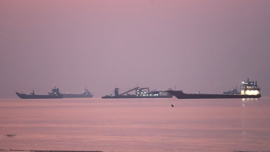 FILE PHOTO: Vessels in the Strait of Hormuz near the beach of Bandar Abbas, Iran.