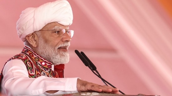 Prime Minister Narendra Modi during the foundation stone laying ceremony and inauguration of various projects, in Banaskantha, Gujarat.