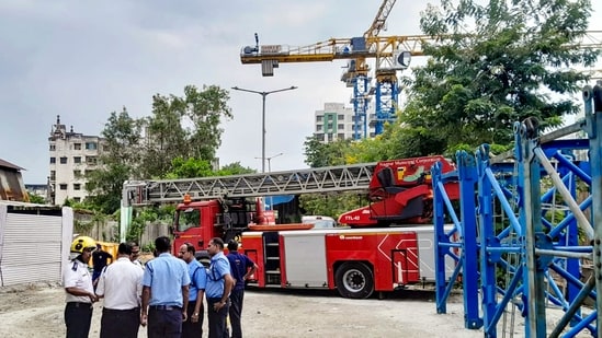 Nagpur: Security personnel at the site after a crane collapsed, leaving at least two labourers killed and two others injured during dismantling work at a construction site.
