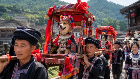 A dog dressed in traditional Miao attire in Guizhou, China.