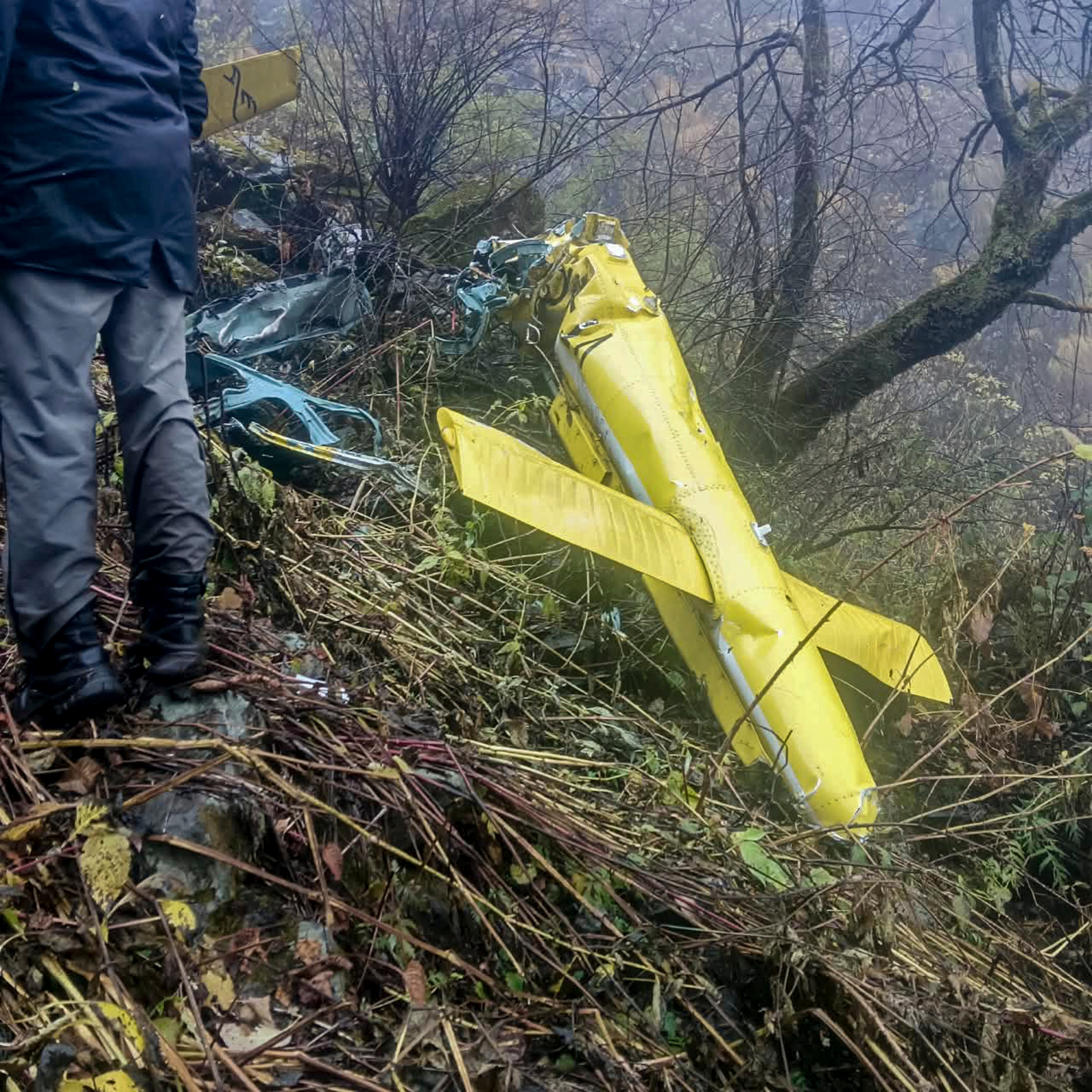 Wreckage of a private helicopter operated by Trans Bharat Aviation lying on a hillside near Chai village in the Joshimath area of Chamoli district, Uttarakhand, Friday, Oct. 30, 2026. (PTI) Wreckage of a private helicopter operated by Trans Bharat Aviation lying on a hillside near Chai village in the Joshimath area of Chamoli district, Uttarakhand, Friday, Oct. 30, 2026. (PTI)