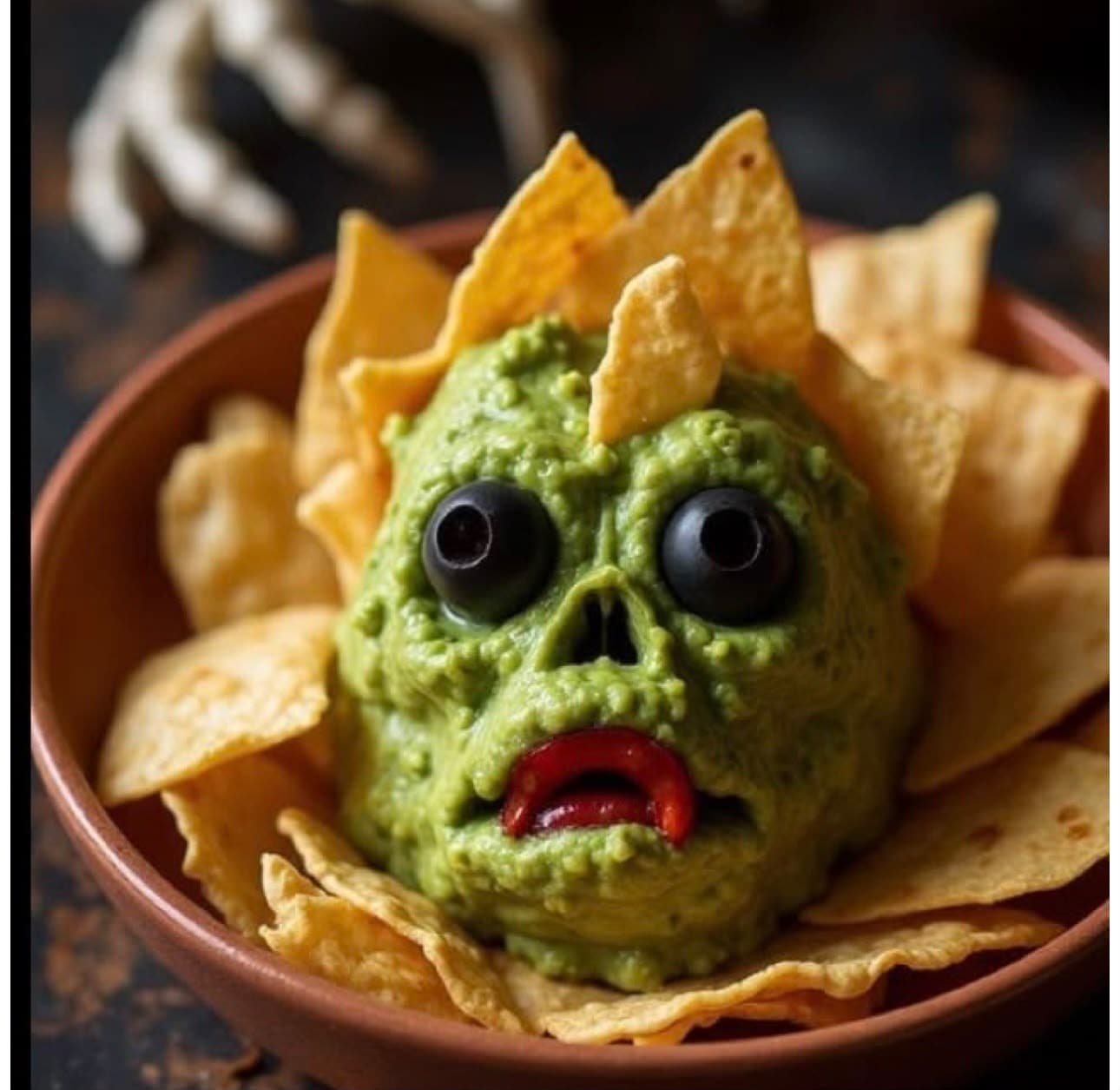The Halloween monster guacamole with tortilla chips needs no cooking. The Halloween monster guacamole with tortilla chips needs no cooking.