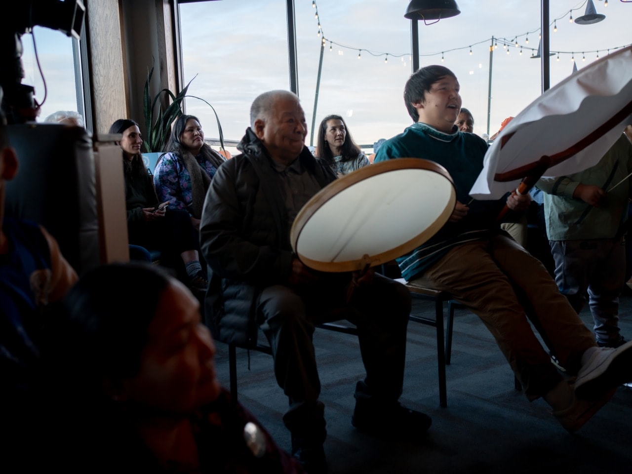 Peltola and others watch an Alaska Native dance group at a campaign event in Anchorage. Peltola and others watch an Alaska Native dance group at a campaign event in Anchorage.
