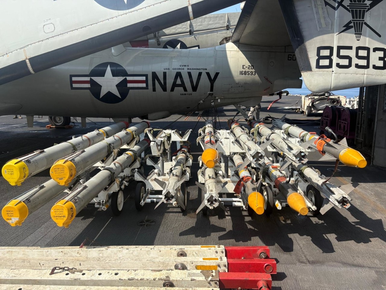 Stacks of air-to-air missiles on the deck of the USS George Washington. Stacks of air-to-air missiles on the deck of the USS George Washington.