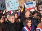 Jean-Luc Melenchon, leader of France Unbowed, center left, with protesters during a demonstration in Paris, France, on Saturday, Oct. 31, 2026. 