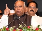 Congress president Mallikarjun Kharge addresses party leaders during the state-level celebration of the 139th birth anniversary of Bihar's first Chief Minister Shri Krishna Singh, at Bapu Sabhagar, in Patna.