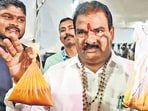 Mumbai, India. July 09, 2025: Sanjay Gaikwad, an MLA from the Shiv Sena (Shinde faction), arrived at the Maharashtra Assembly session with stale dal. He slapped a canteen staff member at the Akashwani MLA Hostel canteen who had served him the stale dal. Mumbai, India, July 09, 2025. (Photo by Raju Shinde/HT Photo) (Raju Shinde)