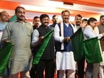 Prayagraj-Varanasi MEMU service being launched and sleeper Vande Bharat being welcomed in Prayagraj on Saturday (HT PHoto)
