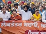Punjab BJP president Kewal Singh Dhillon leading the party’s ‘Save Democracy, Remove Anarchy’ march in Patiala on Friday. (PTI)