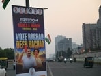 A large hoarding featuring Congress leaders  Rahul Gandhi, and others put up by the Indian Youth Congress on Road for the 'Chalo Delhi Ramlila March' scheduled on November 1  in New Delhi. (Photo for representation)