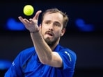 Russia's Daniil Medvedev serves the ball to France's Adrian Mannarino. 