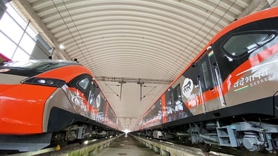 Visuals of the New Vande Bharat Sleeper Express, connecting New Delhi and Varanasi, in Varanasi. (ANI Video Grab) (ANI Video Grab)