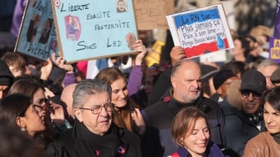 Jean-Luc Melenchon, leader of France Unbowed, center left, with protesters during a demonstration in Paris, France, on Saturday, Oct. 31, 2026. (Nathan Laine/Bloomberg) Jean-Luc Melenchon, leader of France Unbowed, center left, with protesters during a demonstration in Paris, France, on Saturday, Oct. 31, 2026. (Nathan Laine/Bloomberg)