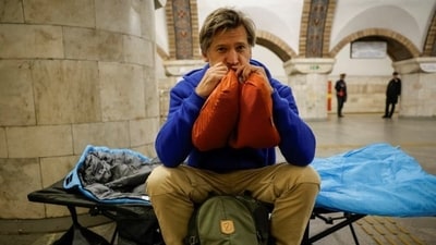 Nikolaj Coster-Waldau at a makeshift bomb shelter in Kyiv. Nikolaj Coster-Waldau at a makeshift bomb shelter in Kyiv.