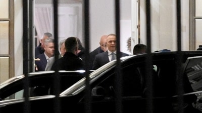 Polish President Karol Nawrocki, who had been flying to Senegal for a state visit and turned the plane around to return to Warsaw, and arrived at Poland's Constitutional Tribunal after the tribunal said on its website that the tribunal's president, Bogdan Swieczkowski, who was a deputy justice minister under the Law and Justice (PiS) government, had been suspended. (REUTERS)